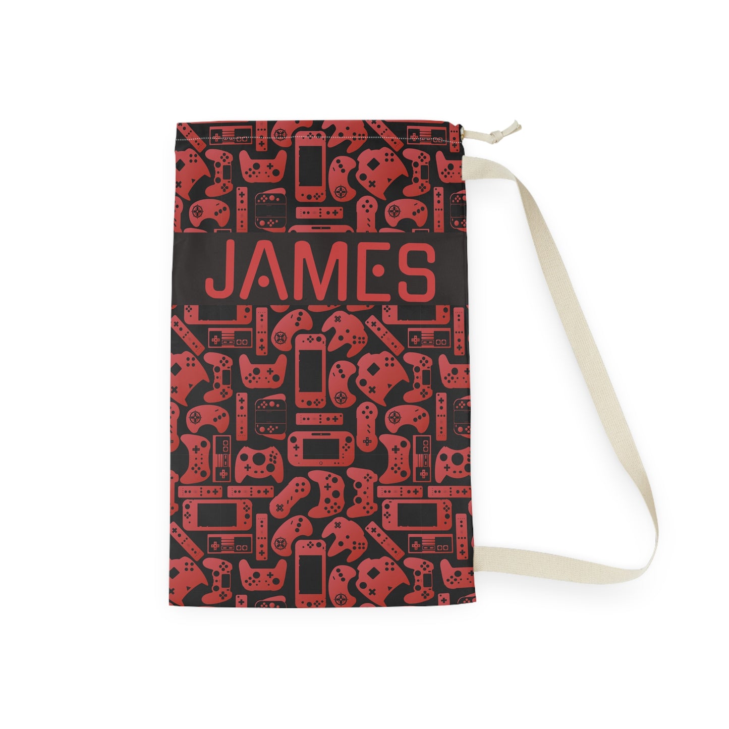 Black & Red Gamer Laundry Bag, Custom Name Drawstring Laundry Bag