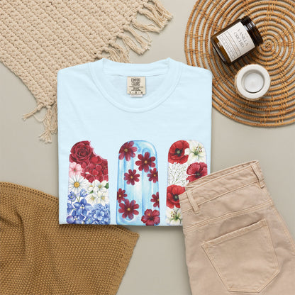 Women's Patriotic Floral T Shirt, Red White & Blue Fourth of July Tee, Matching Family Shirt