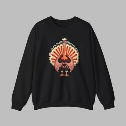 Image: Turkey Day Sweatshirt in Womens Sizes. This Turkey Day Sweater features a large Turkey making the love sign with his hands. This cozy pullover makes a perfect gift, by jaecrece