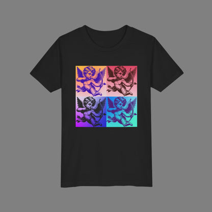 This Cupid graphic tee for kids captures the fun of retro pop art with a dreamy, celestial flair. Whether you're shopping for Valentine’s Day or looking for a year-round fashion statement, this shirt pairs edgy art with soft girl colors in black, pink, and white. The print’s whimsical cloud scene is perfect for kids who love expressive, artsy clothing. Part of a matching collection with toddler and adult options for coordinated family looks.