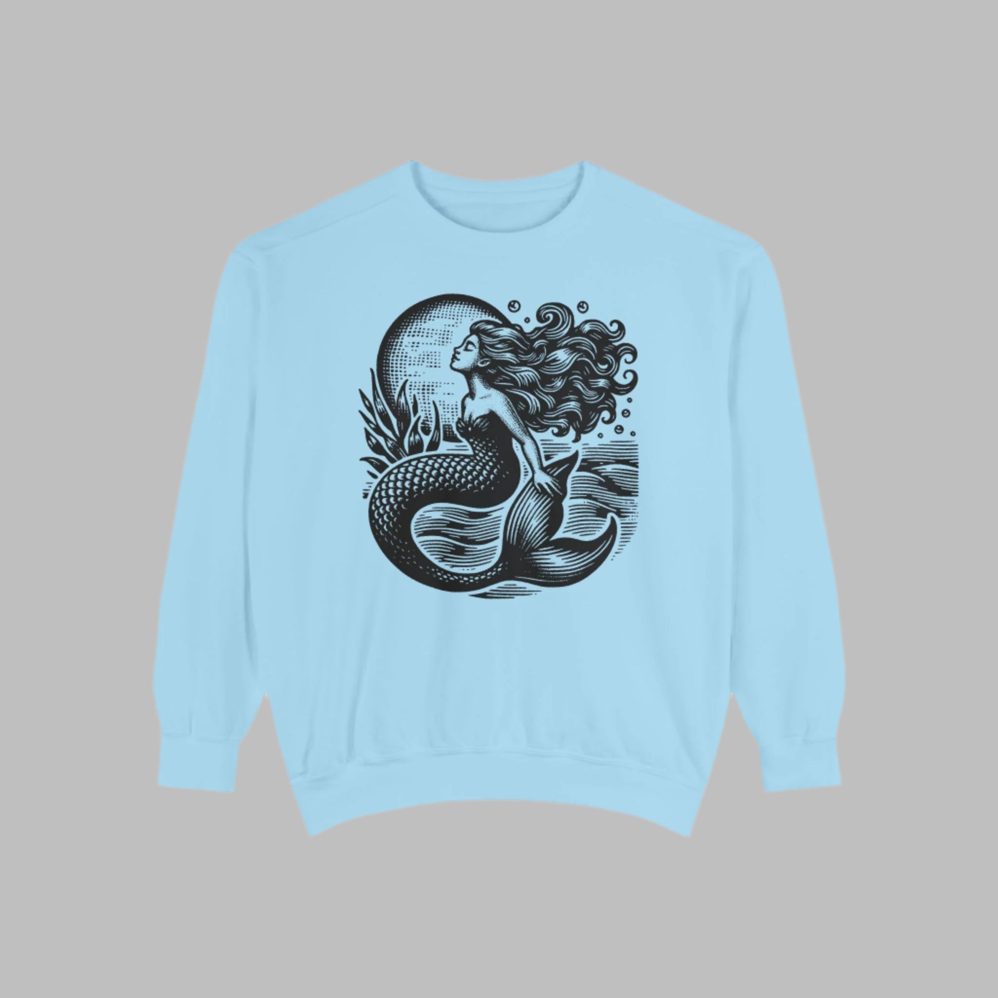 Image: Mermaid  Sweatshirt, Vintage Ocean Vibes Sweatshirt. Pullover crewneck features large black graphic with mermaid in front of the moon, in the ocean waves. Gift for women and teens who love a vintage ocean aesthetic and mermaidcore, by jaecrece