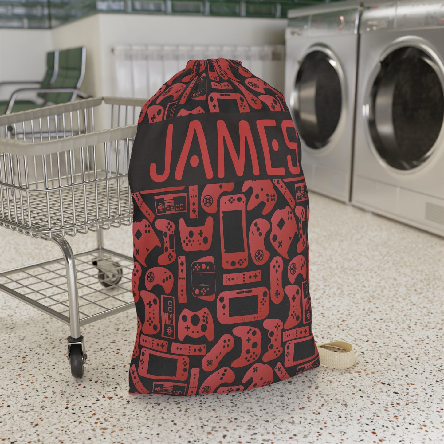Black & Red Gamer Laundry Bag, Custom Name Drawstring Laundry Bag