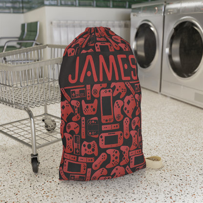 Black & Red Gamer Laundry Bag, Custom Name Drawstring Laundry Bag
