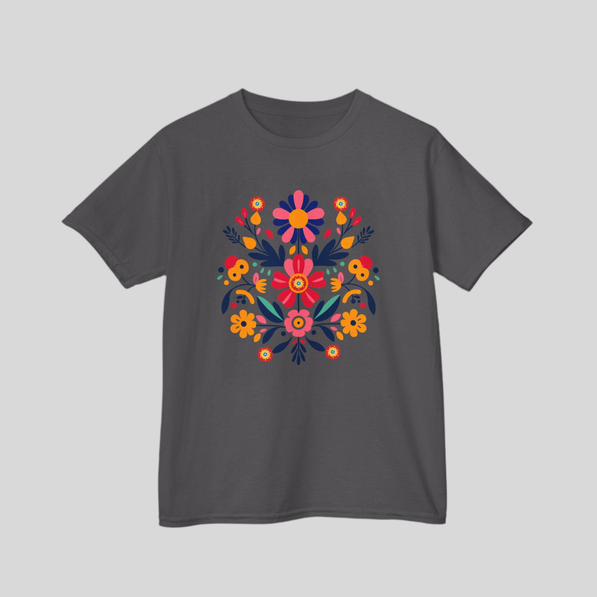 Floral Otomi Folk Art Girls’ T-shirt in sizes XS–XL featuring bright colors and a bold print inspired by Mexican heritage. This youth crew neck tee is made from soft, ethically sourced cotton and offers a breathable fit perfect for play, travel, or events. A stylish yet meaningful gift for girls who love cultural fashion, Latinx identity, or vibrant boho designs rooted in folk art tradition.