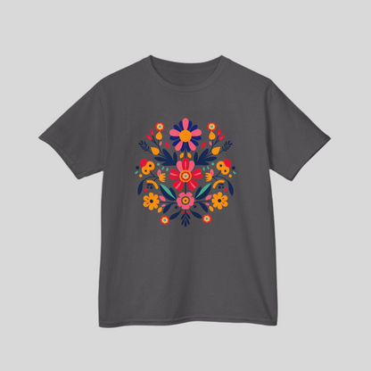 Floral Otomi Folk Art Girls’ T-shirt in sizes XS–XL featuring bright colors and a bold print inspired by Mexican heritage. This youth crew neck tee is made from soft, ethically sourced cotton and offers a breathable fit perfect for play, travel, or events. A stylish yet meaningful gift for girls who love cultural fashion, Latinx identity, or vibrant boho designs rooted in folk art tradition.