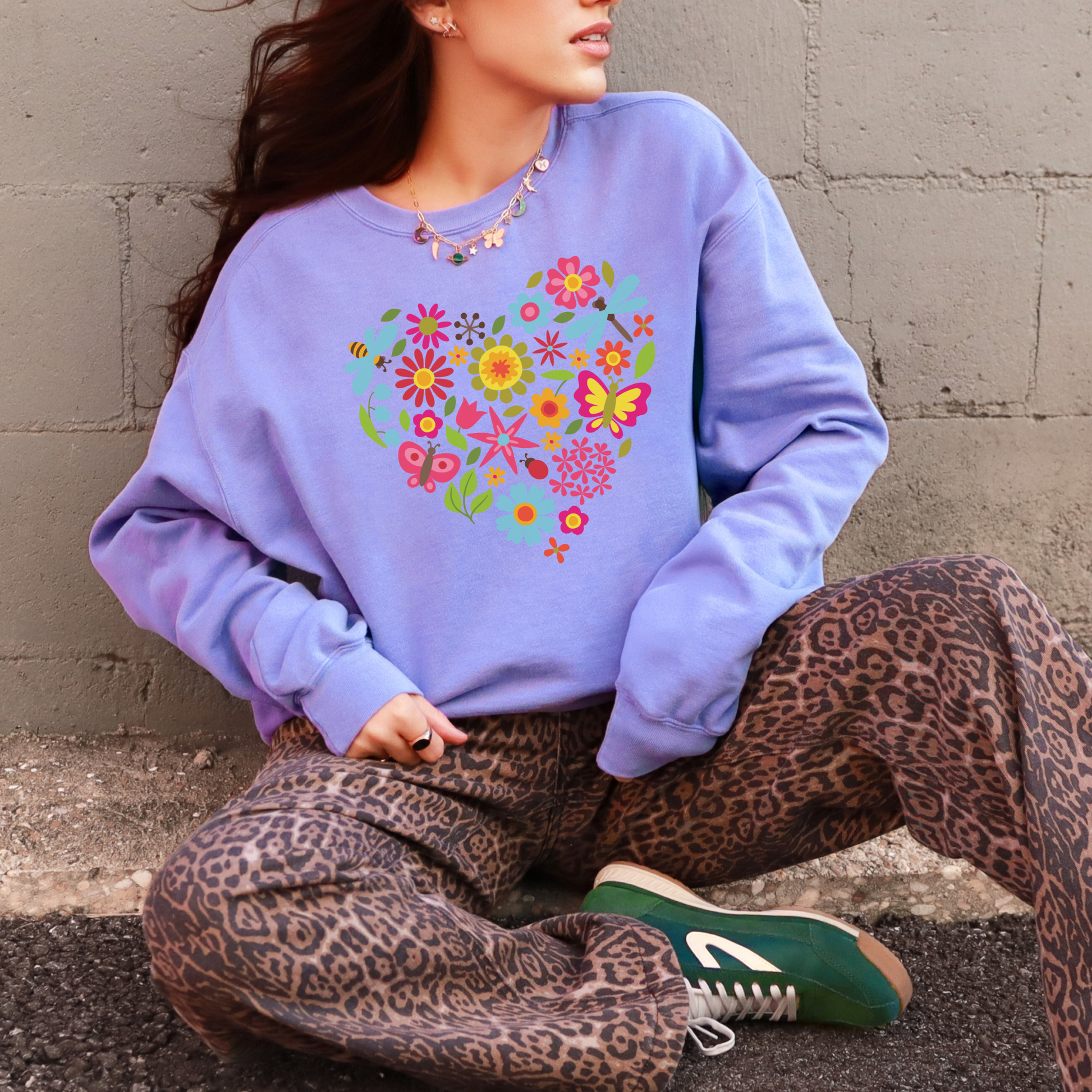 Image: Butterfly Heart Sweatshirt. This botanical pullover sweater is printed on a Comfort Colors©️ 1566 top, has a nature theme graphic of botanical flowers, honeybees, dragonflies, leaves. A romantic Valentine gift or Earth Day outfit, by jaecrece