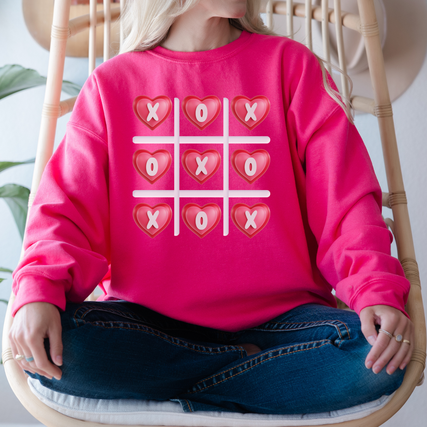 Image: XOXO Sweatshirt in Hot Pink, this crewneck pullover features a tic tac toe graphic with XOXO in 3D Conversation Hearts. Ideal as a teen gift for her or Galentines day. Available in Hot pink, light pink and black, by jaecrece