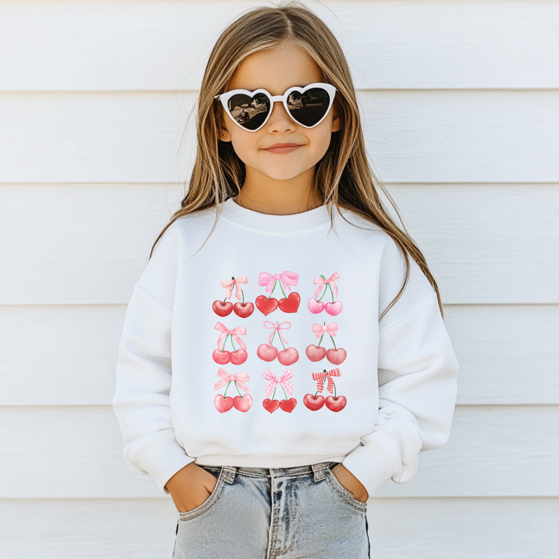 Image: Cherry Bow Girls Sweatshirt, available in Hot pink, White and dark gray. This coquette aesthetic shirt features 9 different cherries with bows, making a large soft girly graphic. Makes a great Valentines gift for toddlers and little girls, by jaecrece