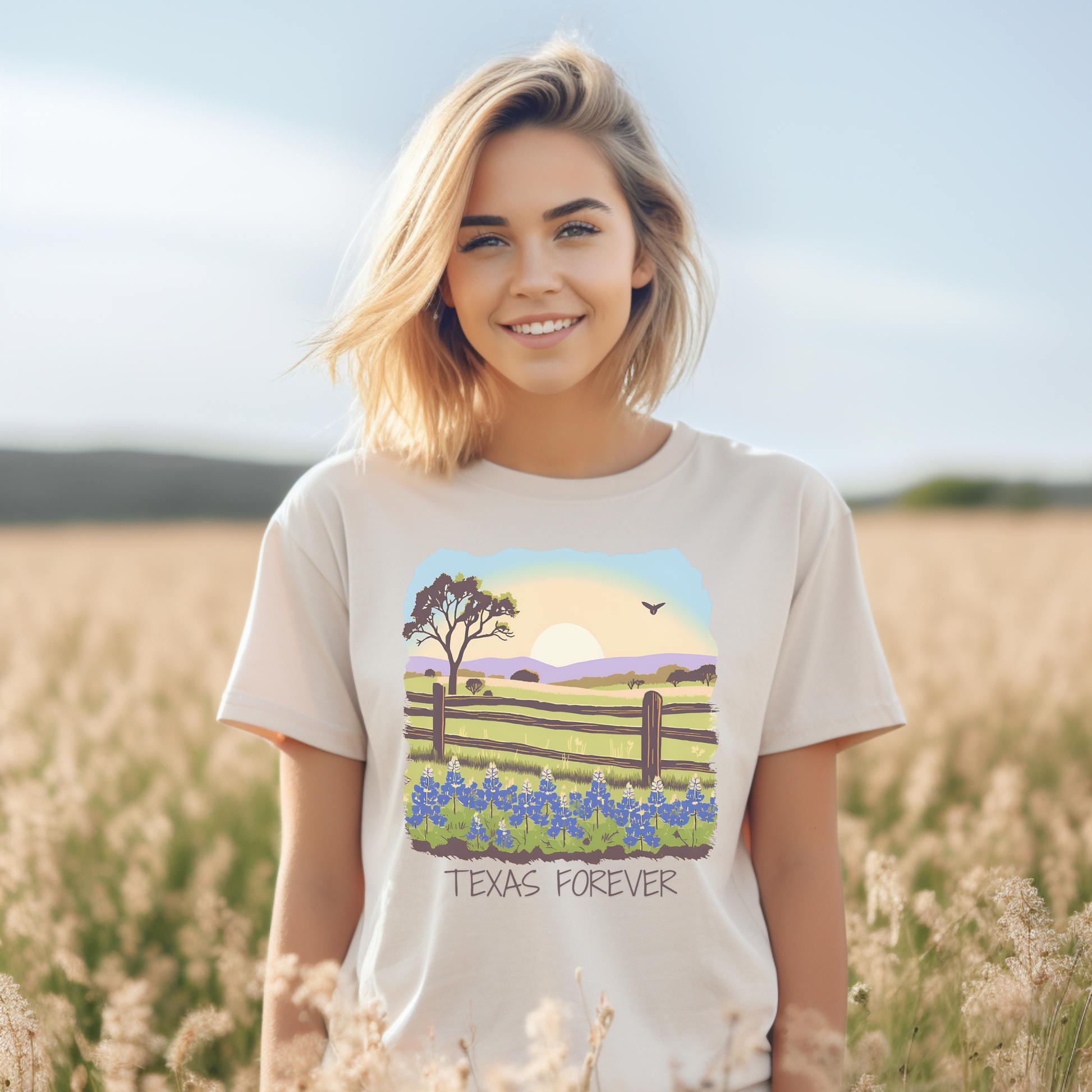 Image: A beautifully designed Texas-themed T-shirt displaying a scenic field of bluebonnets bathed in the golden hues of a sunset. "Texas Forever" is boldly printed, celebrating state pride and natural beauty. Perfect for country girls, cowboys, or anyone who loves the charm of Texas wildflowers. Whether worn at a festival, rodeo, or everyday adventure, this tee makes a heartfelt gift for Texans and nature lovers alike, by jaecrece.