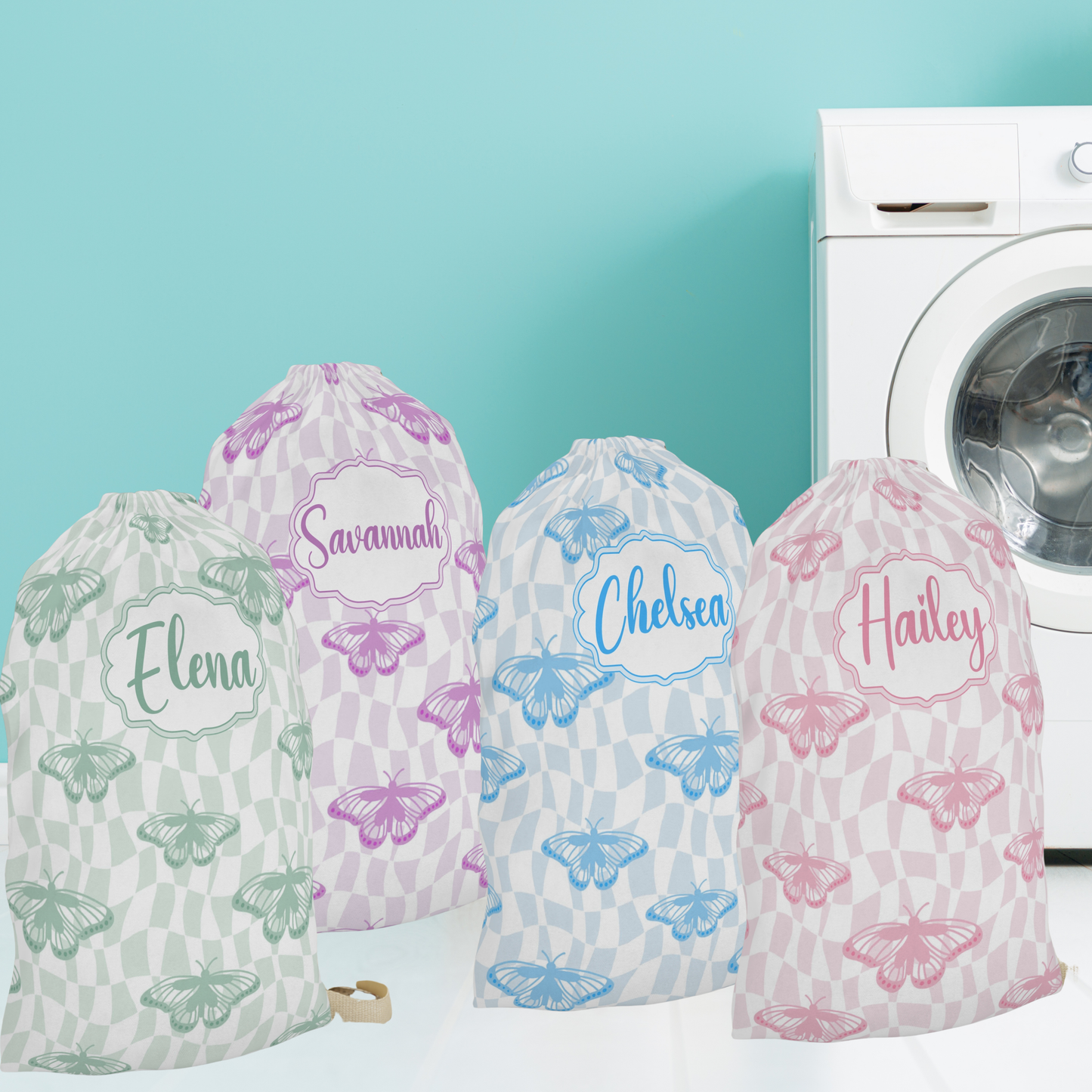 Pink Butterfly Pattern Laundry Bag | Personalized Name Option
