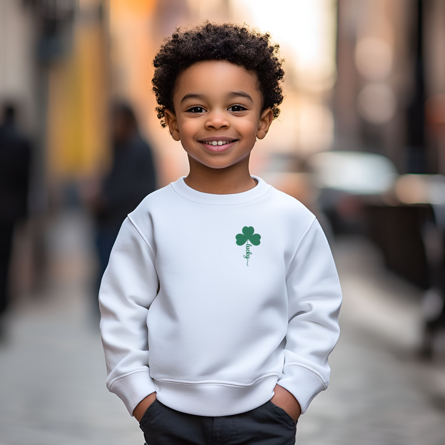 Image: St Patricks Day Emboidered Shamrock Lucky Sweatshirt. This white crewneck pullover has embroidered green four leaf clover, and stem of the  clover spells Lucky. Available in sizes for toddlers, girls, boys tweens, by jaecrece