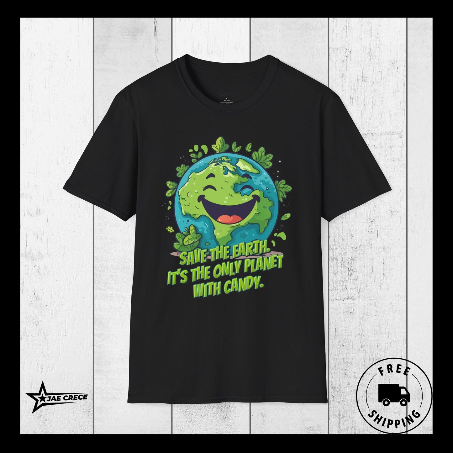 Image: Earth Day tee adult unisex crewneck shirt with large cartoon smiling planet earth, with water and leaves. Text reads Save the Earth! Its the only planet with candy! Makes a great gift and reminder to save our planet, by jaecrece