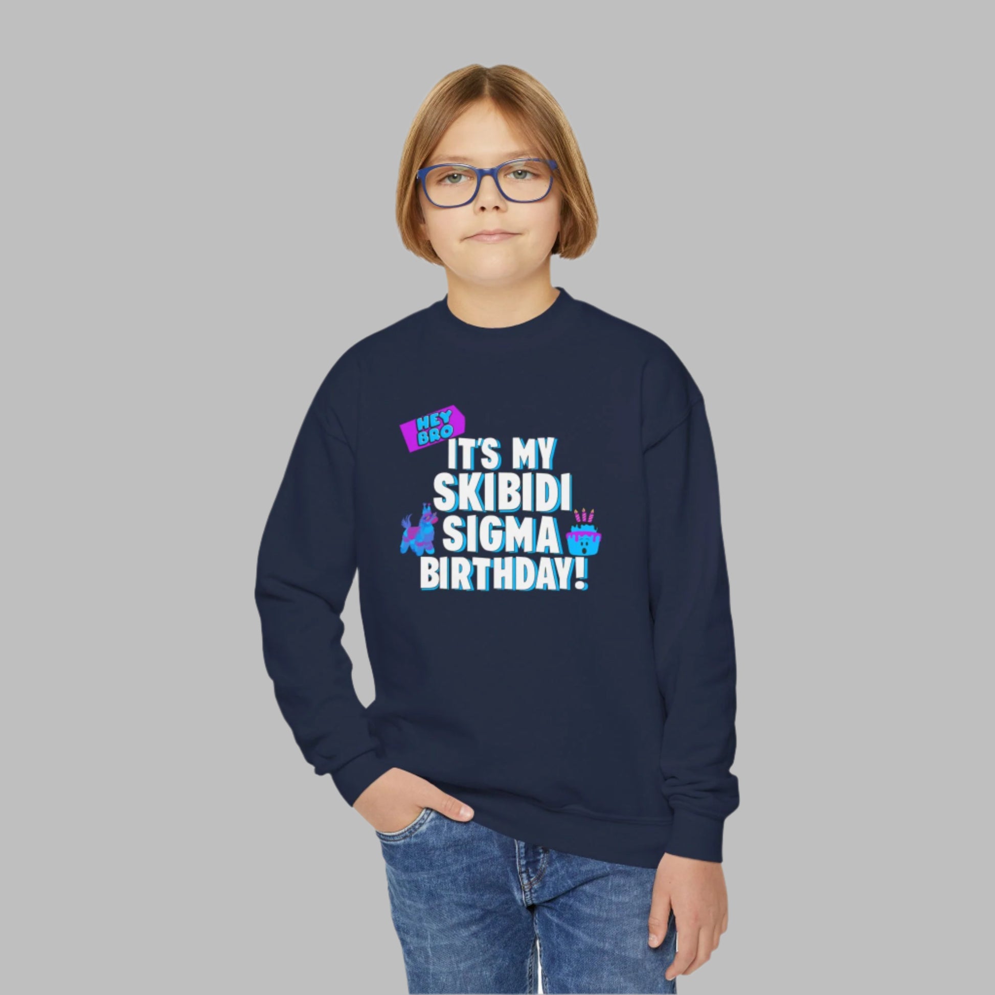 Image: Skibidi Sigma Birthday shirt for Boys and Girls. This tshirt says Hey Bro, its my Skibidi Sigma Birthday with a llama pinata and a birthday cake, by jaecrece