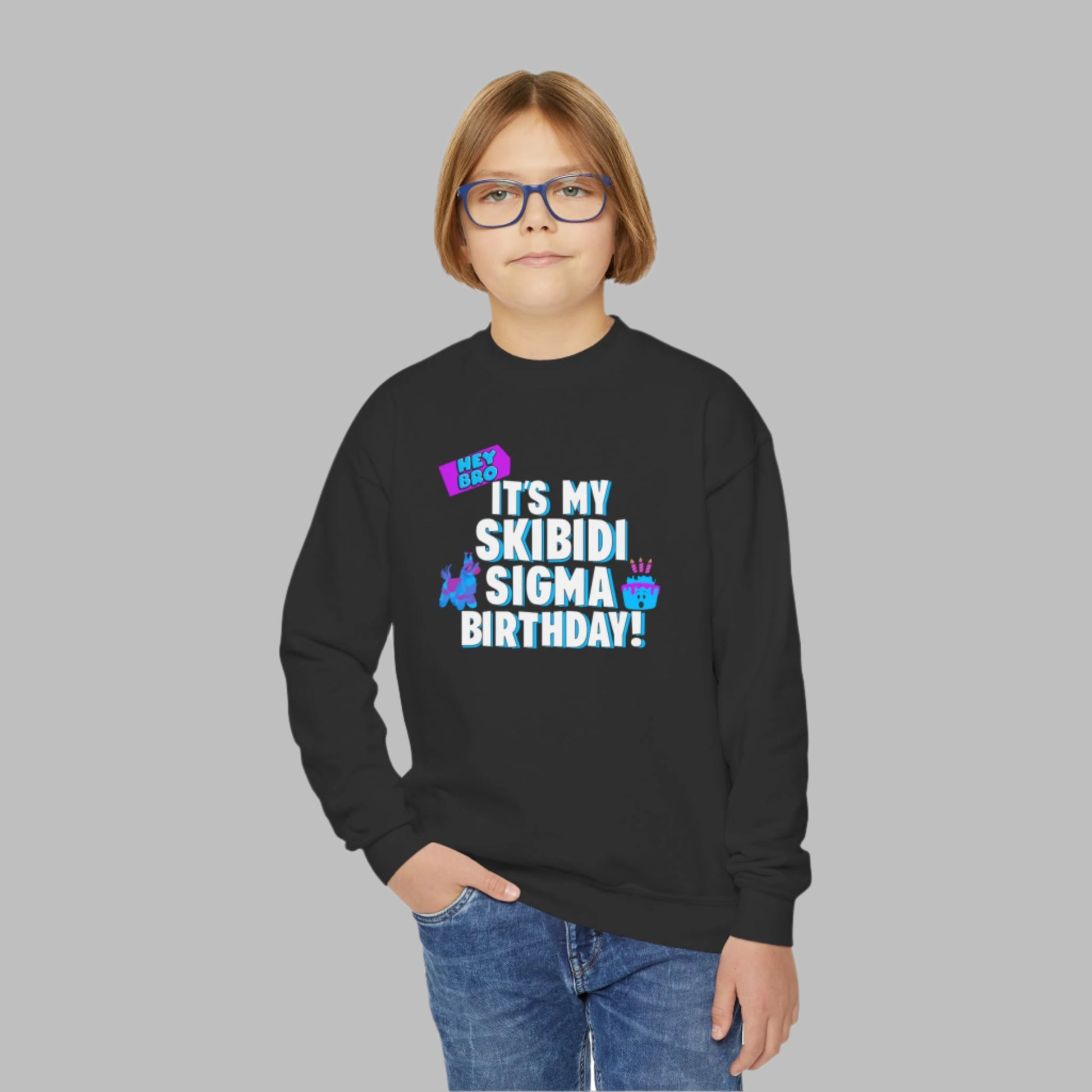 Image: Skibidi Sigma Birthday shirt for Boys and Girls. This tshirt says Hey Bro, its my Skibidi Sigma Birthday with a llama pinata and a birthday cake, by jaecrece