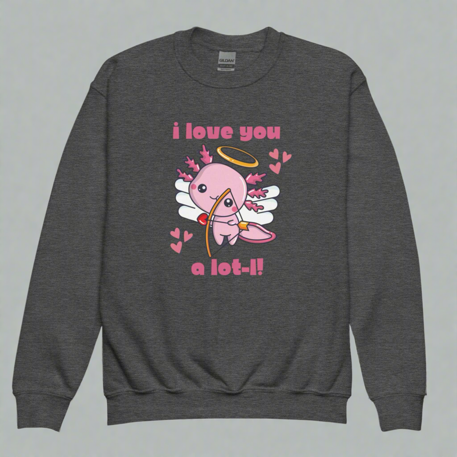 Axolotl Love Child Sweatshirt, Pink Animal Cupid Love Sweater. This Valentines Day kids pullover has a cute Mexican Salamander Axolotl Cupid with the text I Love you a Lot-L. Perfect gift for animal lover. Available in gray black white, by jaecrece