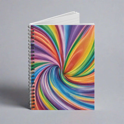 Image: Bold rainbow abstract swirl notebook with lined pages and a sturdy metal spiral, perfect for adding personality to your school or work routine. Ideal for Pride celebrations, LGBTQ stationery lovers, or anyone looking for a unique rainbow gift idea. This colorful notebook combines function and flair, making it great for writing, planning, or back-to-school gear with a playful, expressive twist.by jaecrece