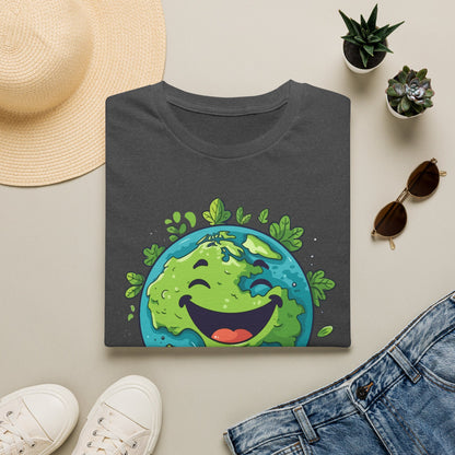 Adult Earth Day shirt featuring a cheerful cartoon planet Earth with leafy greenery and the funny message Save Earth! It’s the only planet with candy! This planet Earth shirt makes a fun Earth Day outfit for teachers, environmentalists, nature lovers and eco conscious families, with matching Earth Day shirts available for kids and adults.