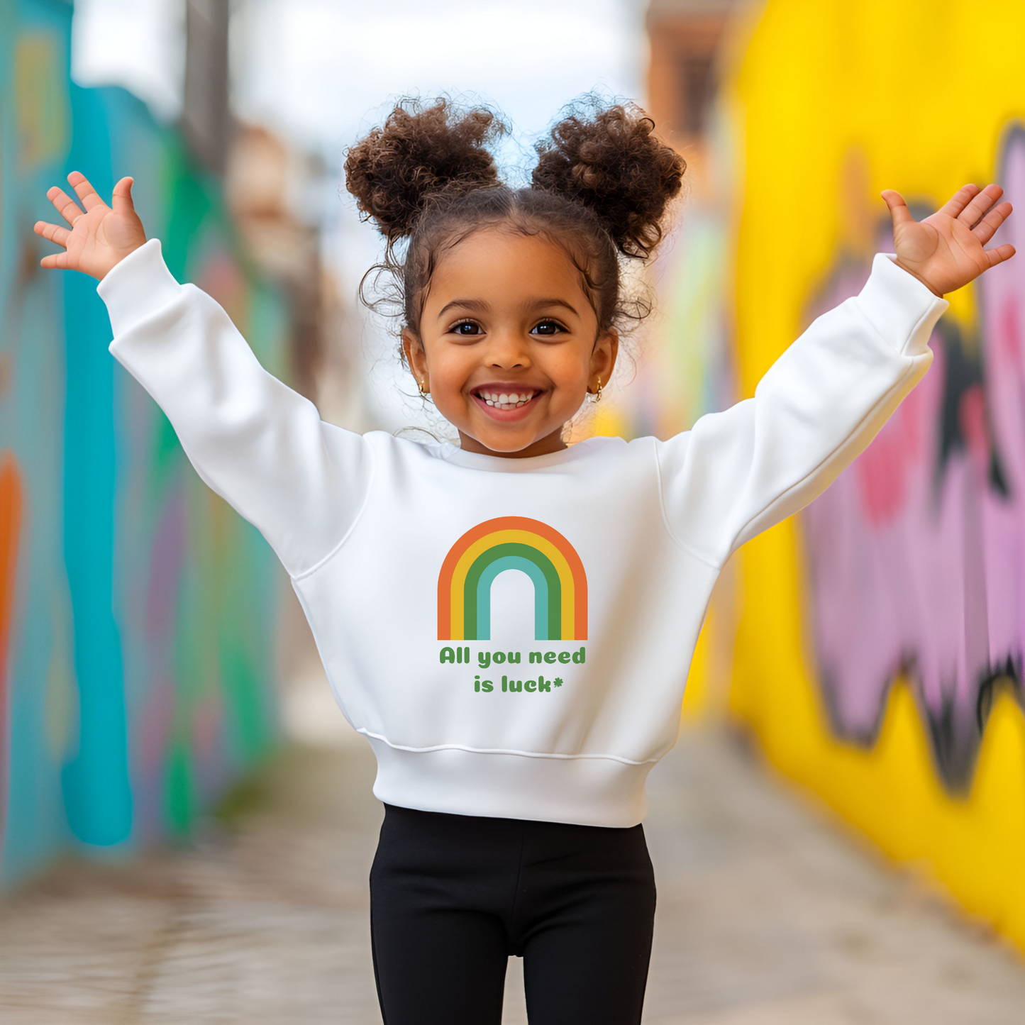 Image: All You Need is Luck St Patricks Day Sweatshirt for Toddlers Girls and Tweens. This crewneck pullover features a retro rainbow, the text All You Need is Luck and a four leaf clover. Available in white, black and gray, by jaecrece