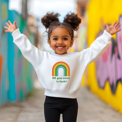 Image: All You Need is Luck St Patricks Day Sweatshirt for Toddlers Girls and Tweens. This crewneck pullover features a retro rainbow, the text All You Need is Luck and a four leaf clover. Available in white, black and gray, by jaecrece