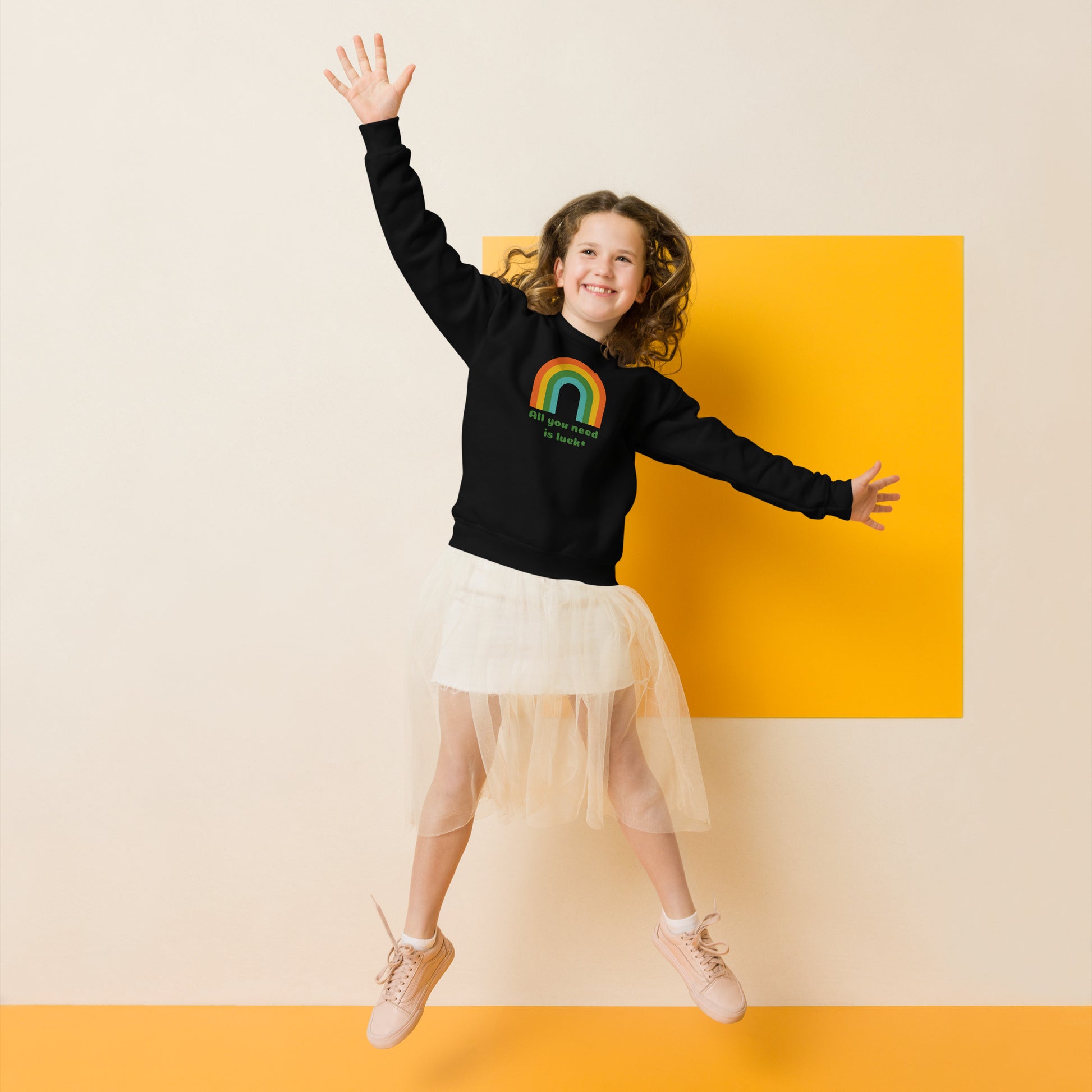 Image: All You Need is Luck St Patricks Day Sweatshirt for Toddlers Girls and Tweens. This crewneck pullover features a retro rainbow, the text All You Need is Luck and a four leaf clover. Available in white, black and gray, by jaecrece