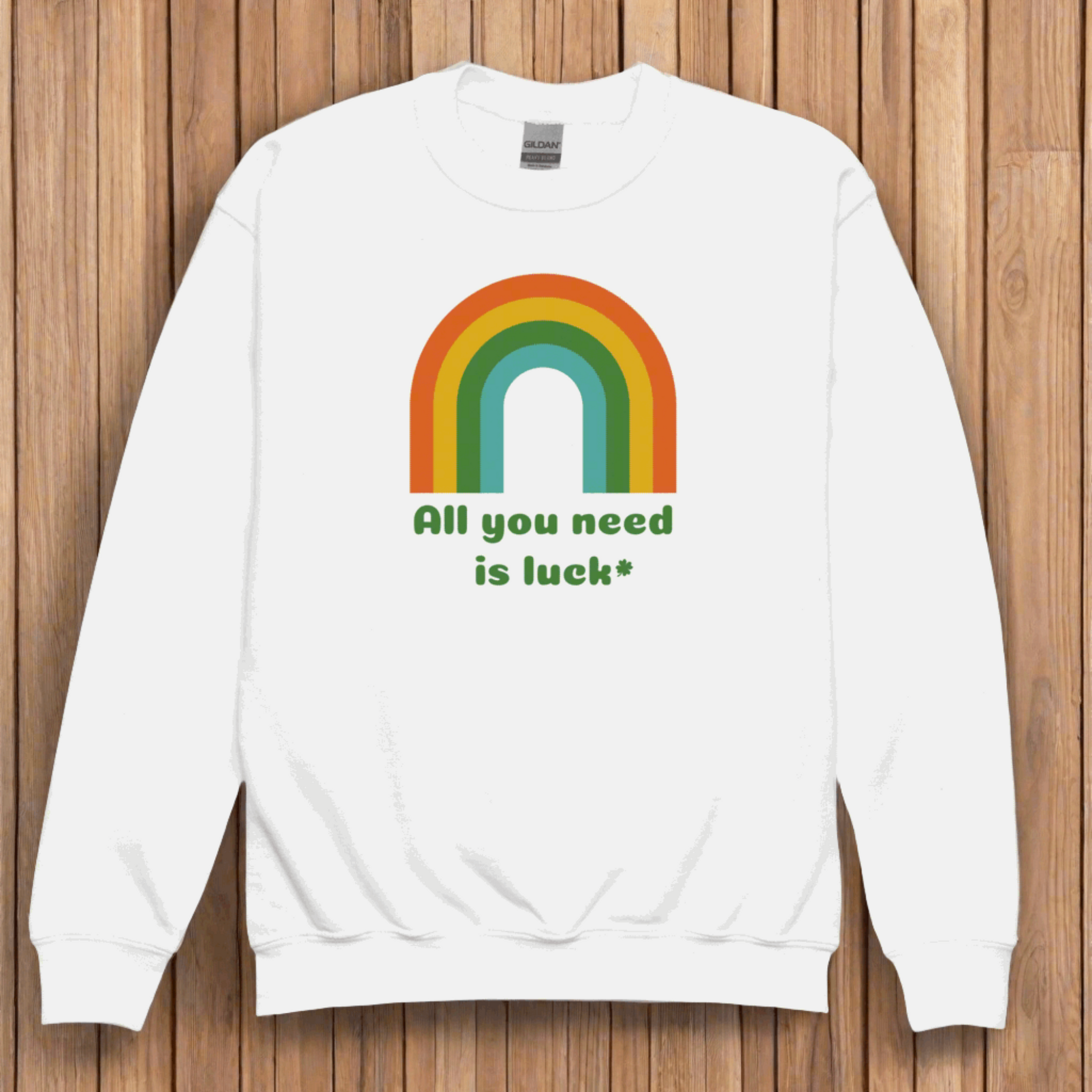 Image: All You Need is Luck St Patricks Day Sweatshirt for Toddlers Girls and Tweens. This crewneck pullover features a retro rainbow, the text All You Need is Luck and a four leaf clover. Available in white, black and gray, by jaecrece