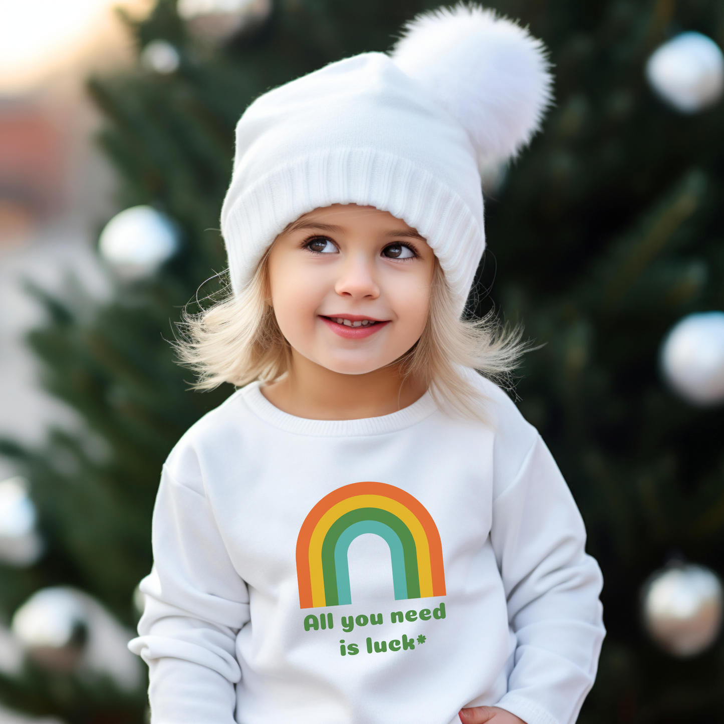 Image: All You Need is Luck St Patricks Day Sweatshirt for Toddlers Girls and Tweens. This crewneck pullover features a retro rainbow, the text All You Need is Luck and a four leaf clover. Available in white, black and gray, by jaecrece