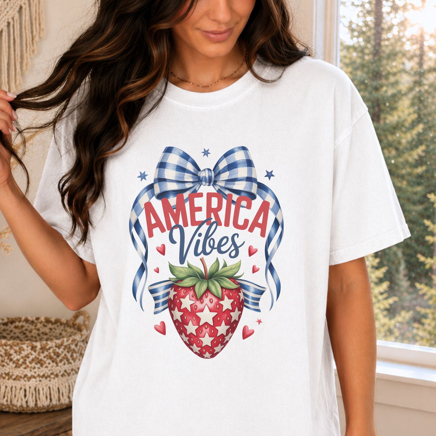 America 250 patriotic strawberry Comfort Colors shirt featuring nostalgic summer inspired artwork with strawberry graphic stars hearts and gingham bow accents. Garment dyed cotton t shirt with relaxed fit available in white chambray and blossom colors. Perfect for 4th of July celebrations mommy and me matching outfits patriotic family gatherings Labor Day and vintage Americana themed summer wardrobes