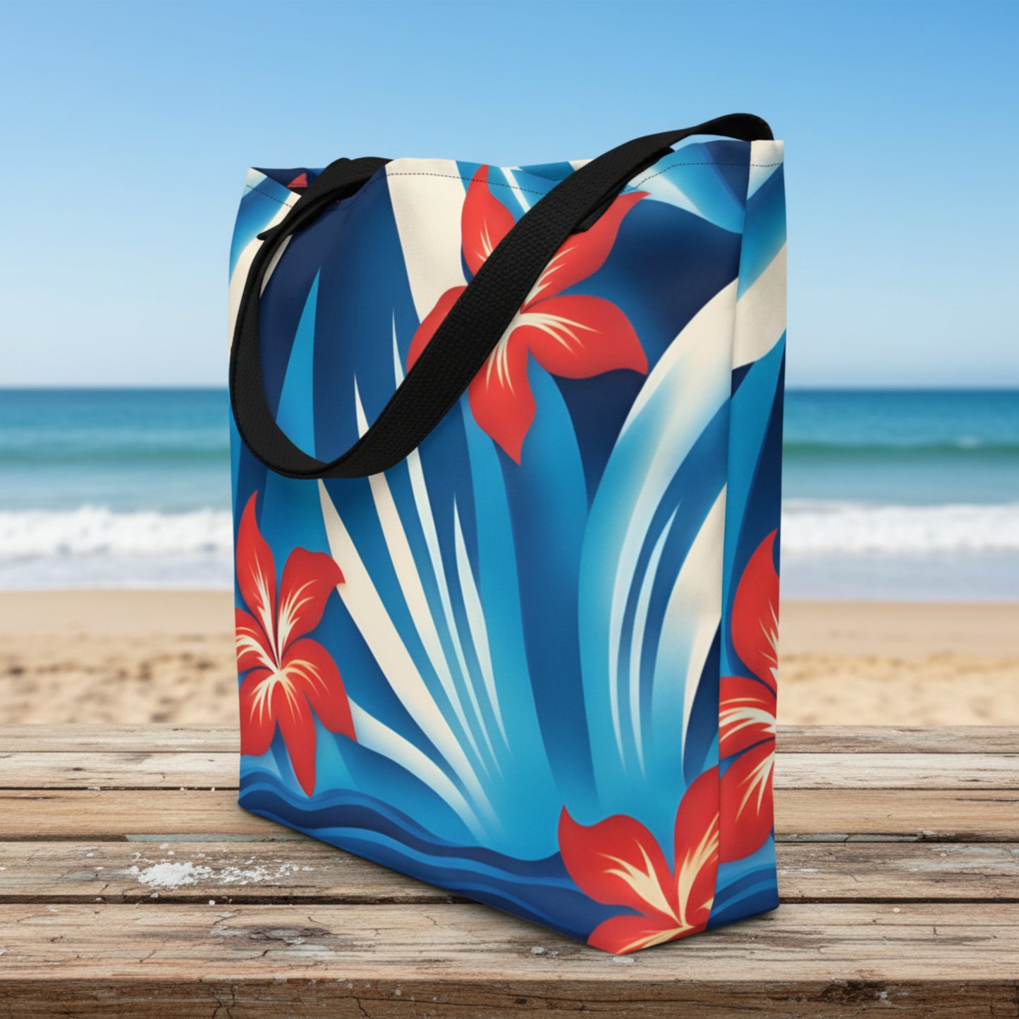 Summer tote bag with red white and blue Hawaiian pattern, designed for women who need a spacious and stylish carryall. Large interior holds beach towels, sunscreen, snacks, and travel essentials, while the inner pocket helps keep smaller items organized. Lightweight durable construction and patriotic tropical design make it ideal for vacations, shopping trips, and Fourth of July gatherings.