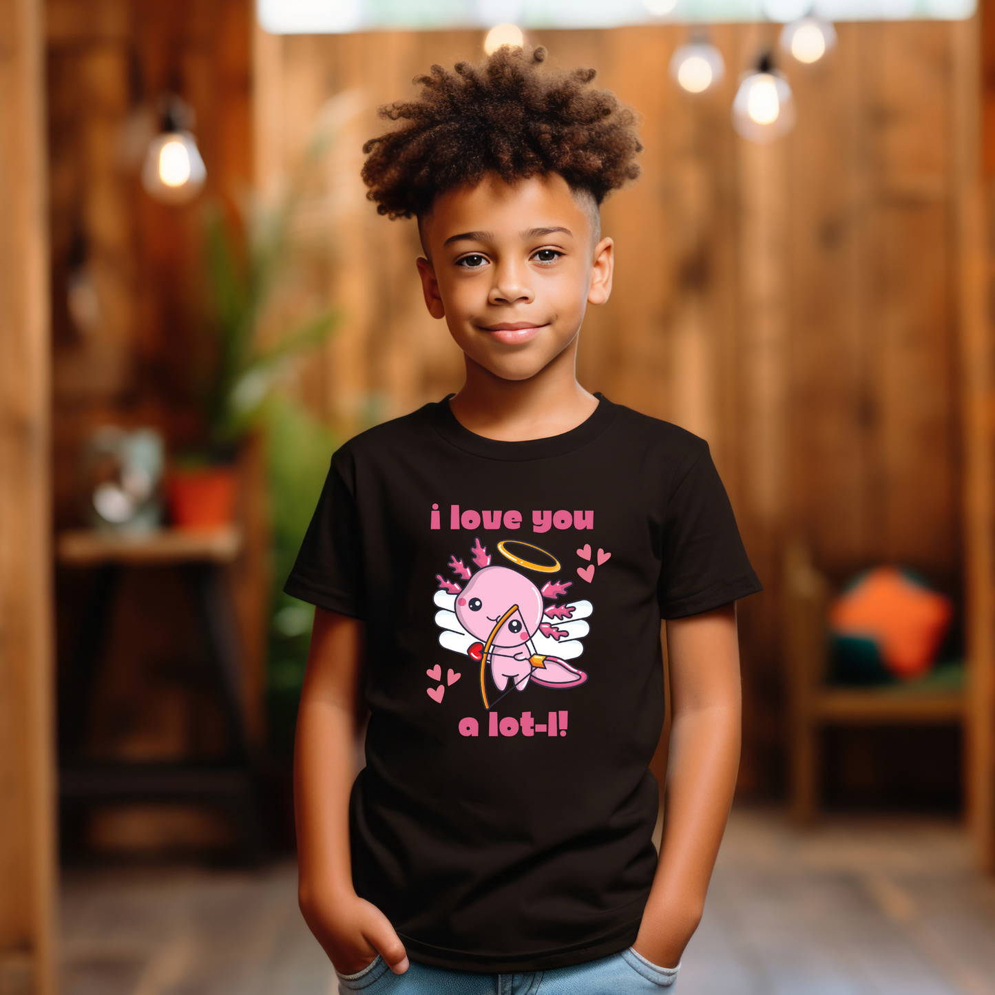 I Love You A Lot-L Youth Short Sleeve T-Shirt- this adorable Valentines Day tee shows your support for the axolotl population. It features a pink axolotl Cupid with the words I love you A Lot-L! The perfect gift for an  animal lover, by jaecrece