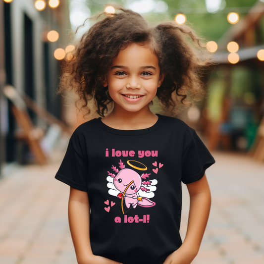 I Love You A Lot-L Youth Short Sleeve T-Shirt- this adorable Valentines Day tee shows your support for the axolotl population. It features a pink axolotl Cupid with the words I love you A Lot-L! The perfect gift for an  animal lover, by jaecrece