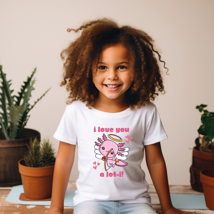 I Love You A Lot-L Youth Short Sleeve T-Shirt- this adorable Valentines Day tee shows your support for the axolotl population. It features a pink axolotl Cupid with the words I love you A Lot-L! The perfect gift for an  animal lover, by jaecrece