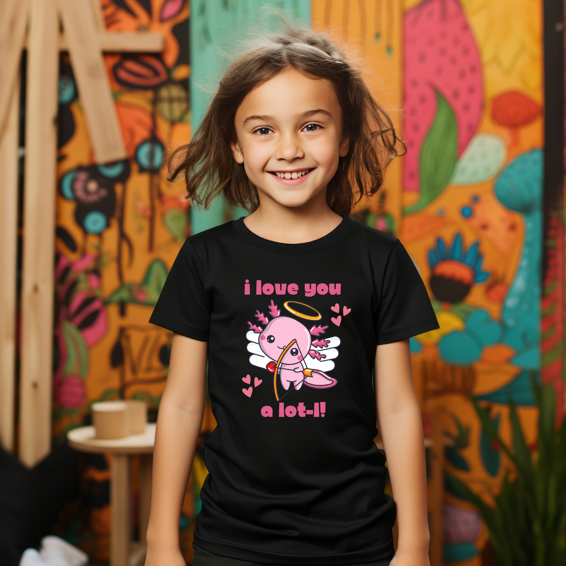 I Love You A Lot-L Youth Short Sleeve T-Shirt- this adorable Valentines Day tee shows your support for the axolotl population. It features a pink axolotl Cupid with the words I love you A Lot-L! The perfect gift for an  animal lover, by jaecrece