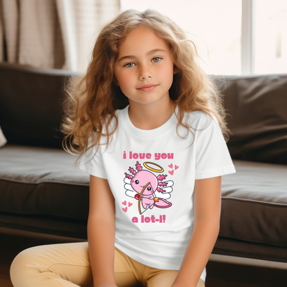 I Love You A Lot-L Youth Short Sleeve T-Shirt- this adorable Valentines Day tee shows your support for the axolotl population. It features a pink axolotl Cupid with the words I love you A Lot-L! The perfect gift for an  animal lover, by jaecrece