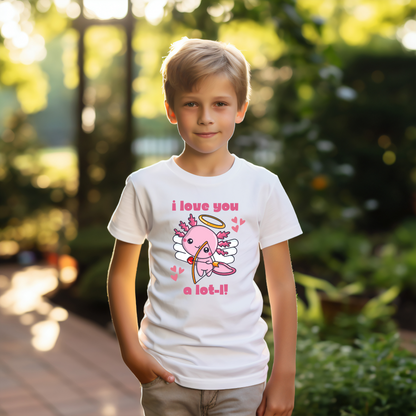 I Love You A Lot-L Youth Short Sleeve T-Shirt- this adorable Valentines Day tee shows your support for the axolotl population. It features a pink axolotl Cupid with the words I love you A Lot-L! The perfect gift for an  animal lover, by jaecrece