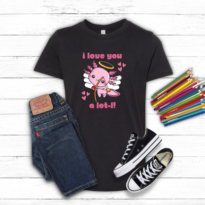 I Love You A Lot-L Youth Short Sleeve T-Shirt- this adorable Valentines Day tee shows your support for the axolotl population. It features a pink axolotl Cupid with the words I love you A Lot-L! The perfect gift for an  animal lover, by jaecrece