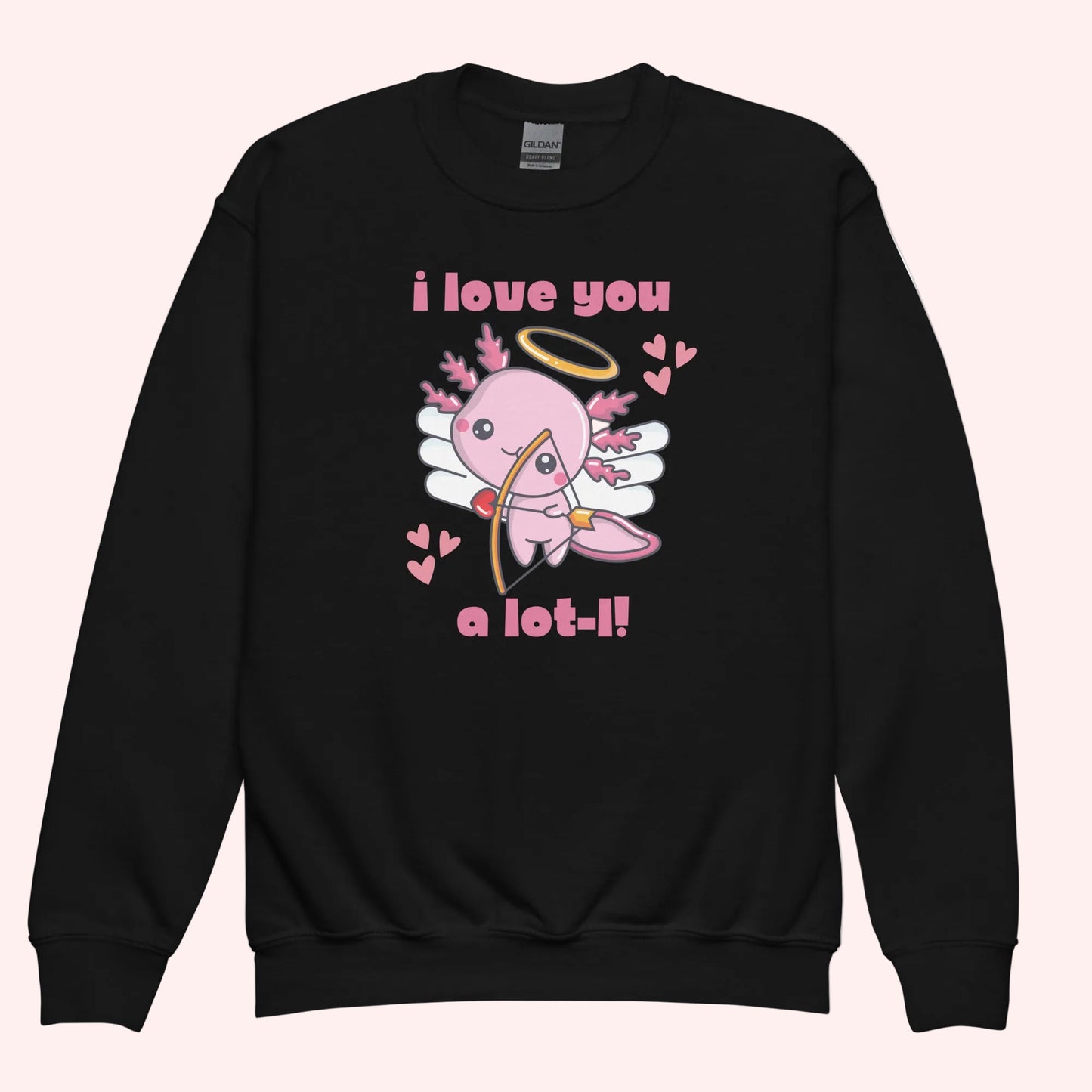 Flat lay of youth axolotl Valentine sweatshirts displayed in black, each featuring the adorable axolotl cupid design with wings, halo, hearts, and the phrase I love you a lot l. The classic crewneck style highlights the soft fleece fabric and vibrant print quality. Designed in child sizes XS through XL, these sweatshirts are perfect for kids Valentine outfits, school wear, and matching family apparel.