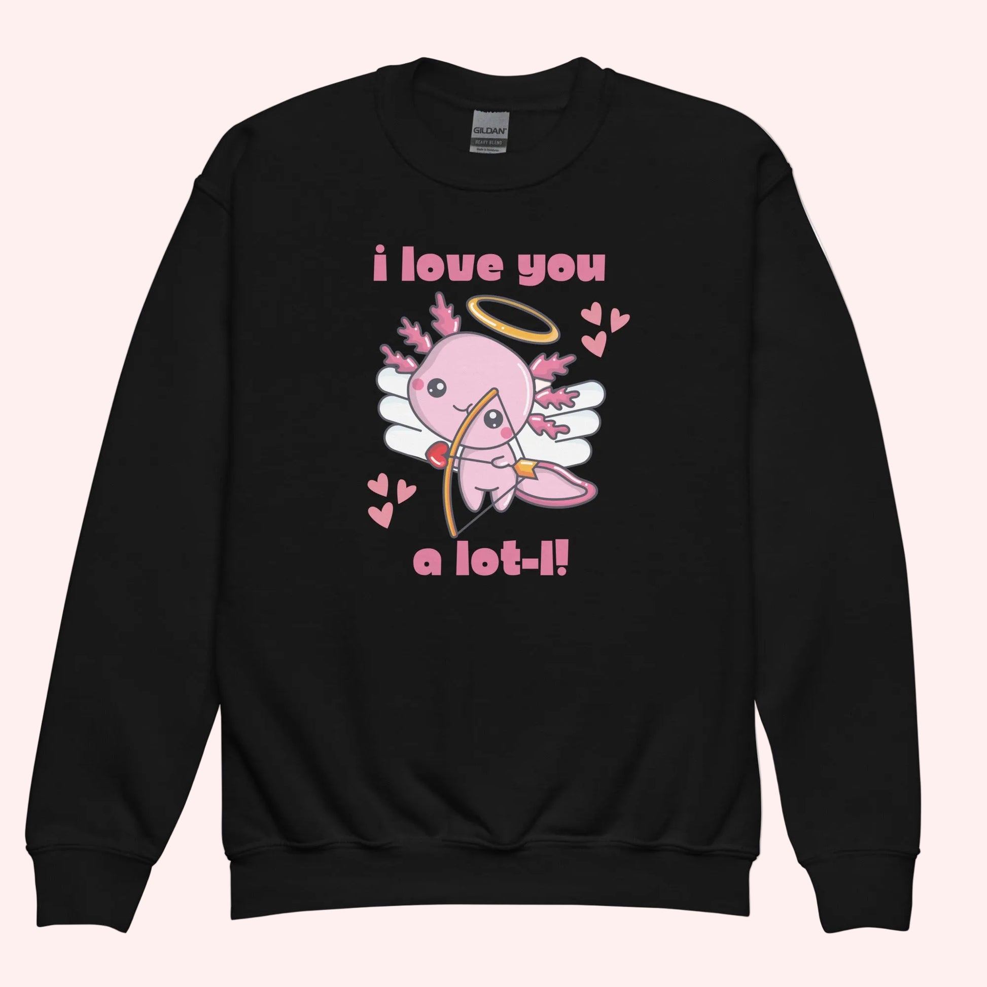 Flat lay of youth axolotl Valentine sweatshirts displayed in black, each featuring the adorable axolotl cupid design with wings, halo, hearts, and the phrase I love you a lot l. The classic crewneck style highlights the soft fleece fabric and vibrant print quality. Designed in child sizes XS through XL, these sweatshirts are perfect for kids Valentine outfits, school wear, and matching family apparel.