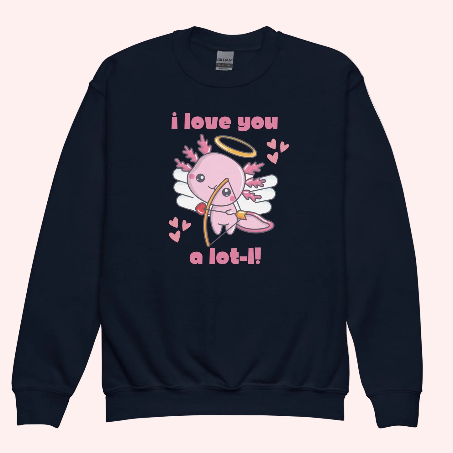 Flat lay of youth axolotl Valentine sweatshirts displayed in black, each featuring the adorable axolotl cupid design with wings, halo, hearts, and the phrase I love you a lot l. The classic crewneck style highlights the soft fleece fabric and vibrant print quality. Designed in child sizes XS through XL, these sweatshirts are perfect for kids Valentine outfits, school wear, and matching family apparel.