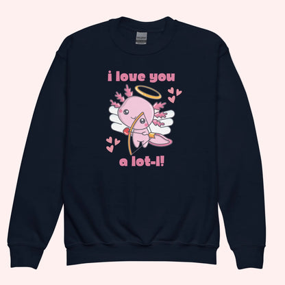 Flat lay of youth axolotl Valentine sweatshirts displayed in black, each featuring the adorable axolotl cupid design with wings, halo, hearts, and the phrase I love you a lot l. The classic crewneck style highlights the soft fleece fabric and vibrant print quality. Designed in child sizes XS through XL, these sweatshirts are perfect for kids Valentine outfits, school wear, and matching family apparel.