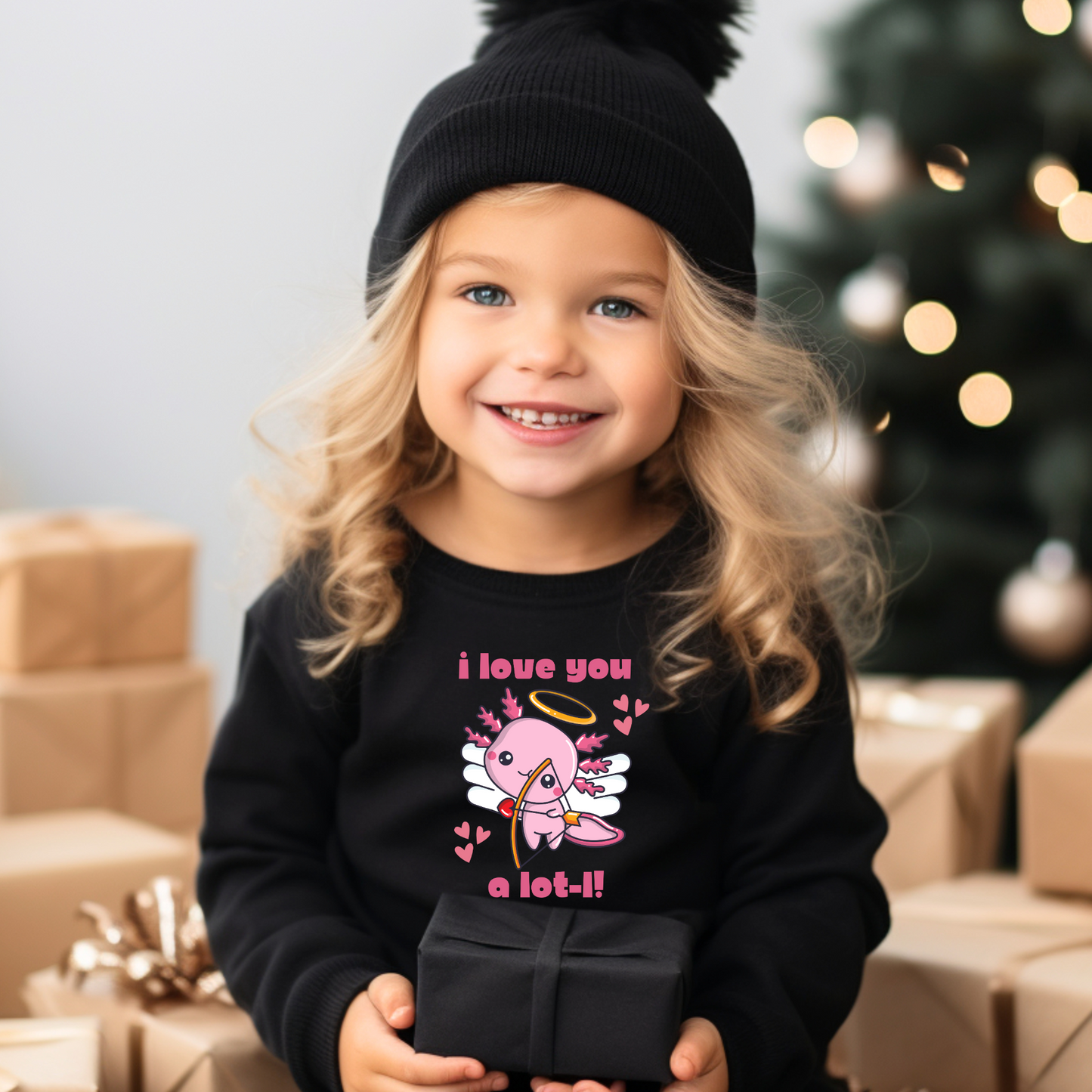 Cute youth pullover sweatshirt with a whimsical axolotl design and the phrase “I Love You A Lot-L.” Ideal for kids who love fun animal graphics, this cozy sweatshirt is made from a soft cotton-poly fabric and features durable stitching. Available in multiple colors and sizes XS to XL, it makes a perfect gift for birthdays, holidays, or playful family matching looks.