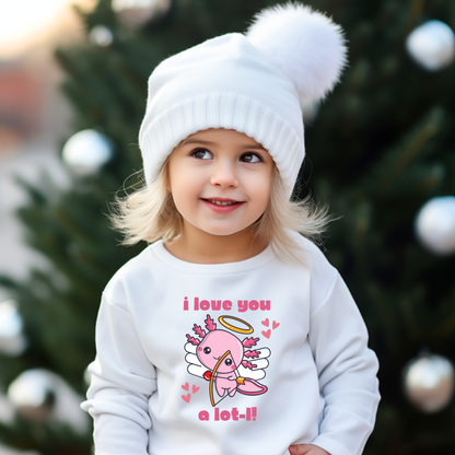 Youth crewneck sweatshirt featuring a playful axolotl with the pun “I Love You A Lot-L.” Soft cotton-poly blend keeps kids cozy and warm for school, playdates, or casual outings. Available in white, dark heather, black, and navy, this cute axolotl sweatshirt is perfect for animal lovers, birthdays, holidays, or family matching outfits for parents and children.