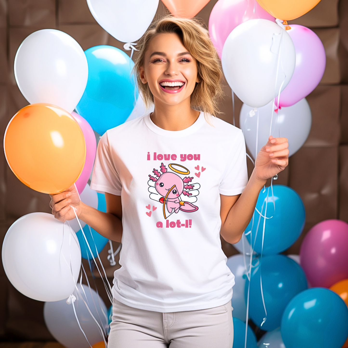 Adorable women’s axolotl Valentine’s Day t-shirt featuring a pink axolotl cupid surrounded by hearts with the playful slogan “I Love You A Lot-L.” Printed on a Bella Canvas 3001 tee, this soft, lightweight graphic shirt is perfect for animal lovers, quirky Valentine’s Day outfits, teachers, and moms who love cute fashion. Great gift idea for girlfriends, wives, and axolotl lovers who want a fun and punny Valentine look.