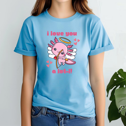 Fun and flirty axolotl Valentine’s t-shirt for women with a pink cupid axolotl design and the sweet slogan “I Love You A Lot-L.” Made on Bella Canvas 3001, this soft and breathable tee is available in XS–XL. Perfect for teachers, animal lovers, and anyone who wants a cute Valentine’s Day outfit. Great gift for girlfriends, wives, or friends who love axolotls, puns, and playful fashion. A quirky Valentine’s look with lots of charm.