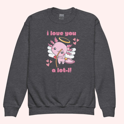 Flat lay of youth axolotl Valentine sweatshirts displayed in heather grey, each featuring the adorable axolotl cupid design with wings, halo, hearts, and the phrase I love you a lot l. The classic crewneck style highlights the soft fleece fabric and vibrant print quality. Designed in child sizes XS through XL, these sweatshirts are perfect for kids Valentine outfits, school wear, and matching family apparel.