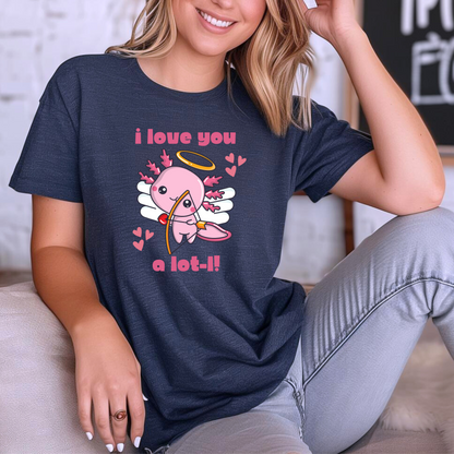 Celebrate love with this “I Love You A Lot-L” axolotl Valentine’s shirt for women. Featuring a pink axolotl cupid with playful hearts, this Bella Canvas 3001 tee combines comfort and style in sizes XS–XL. Ideal for quirky Valentine’s Day outfits, teachers, animal lovers, and women who love cute graphic tees. Perfect for date night, classroom celebrations, or as a fun Valentine’s gift for girlfriends, wives, and axolotl enthusiasts.