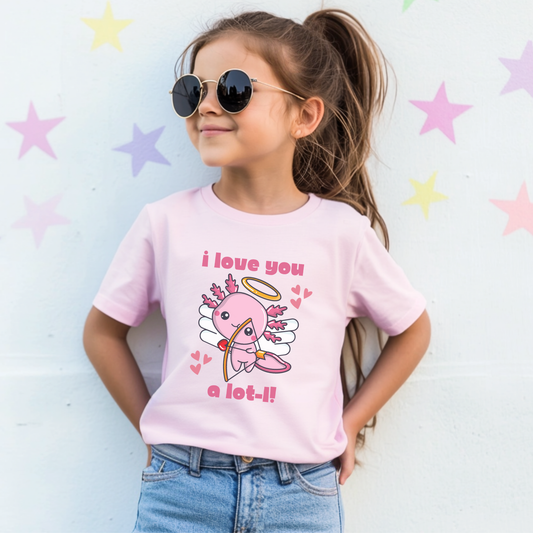 Kids Valentine axolotl shirt with a sweet pink cupid axolotl graphic and funny I Love You a Lotl message. Adorable Valentine’s Day clothing for children who love cute animals, playful puns, colorful graphics, and cozy casual outfits.