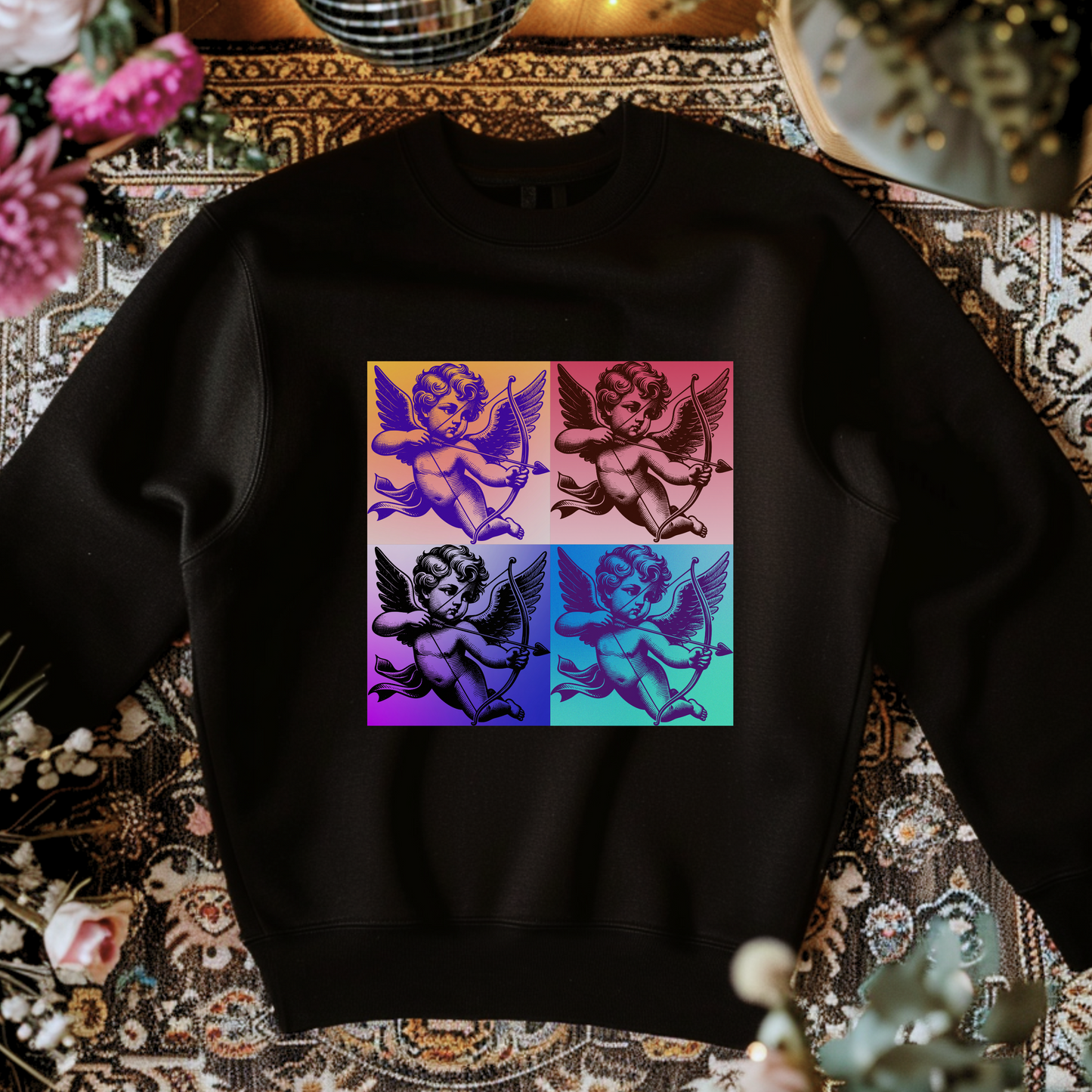 Youth girls Valentine’s Day sweatshirt features a bold Pop Art Cupid print in retro comic style, perfect for tweens and teens who want to stand out. The vibrant design pairs easily with jeans or skirts and makes a cute gift for kids who love fun, artistic fashion. Great for school Valentine’s parties or mommy and me matching moments with the coordinating adult version. Stylish February outfit with a vintage pop twist.