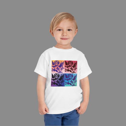 Perfect for toddlers with a love for vintage fashion, this Pop Art Cupid T-shirt showcases a bold, retro Cupid graphic in the clouds. Available in sizes 2T-5T and colors Black, White, and Pink, this t-shirt is crafted from soft, breathable fabric to ensure comfort during playtime. Whether for everyday wear, themed family photos, or Valentine’s celebrations, this playful design adds an artsy pop culture flair to any little one's wardrobe.