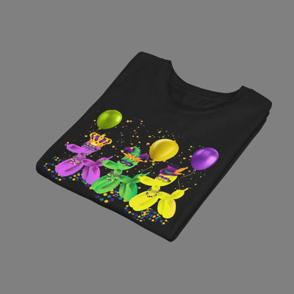 Image: Mardi Gras Balloon Dog Child Tshirt, folded. This youth Mardi Gras tee features three balloon dogs dressed in purple, gold, and green, ready for a day of parades and bead-catching in the French Quarter. With a fun “walk it like a dog” design and festive confetti details, it’s ideal for Carnival events, school parties, or matching the whole family in New Orleans style. A must-have shirt for Mardi Gras-loving kids and tweens!