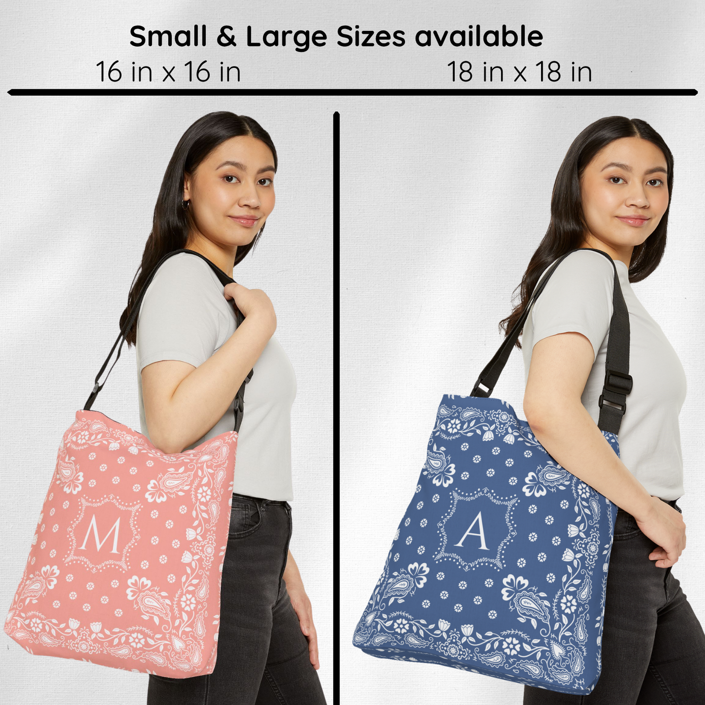 A split comparison showing two models carrying tote bags with bandana prints. The left model wears a pink bag with a white monogram 'M', and the right model wears a blue bag with a white monogram 'A'.